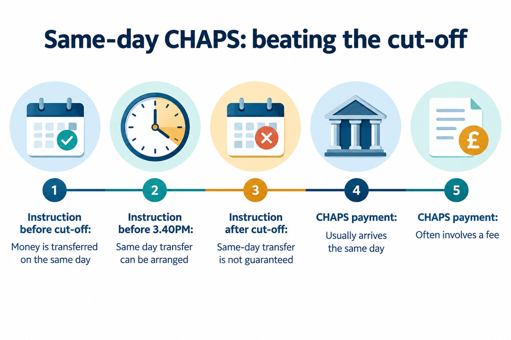 A timeline showing a CHAPS instruction placed before and after a bank's cut-off time