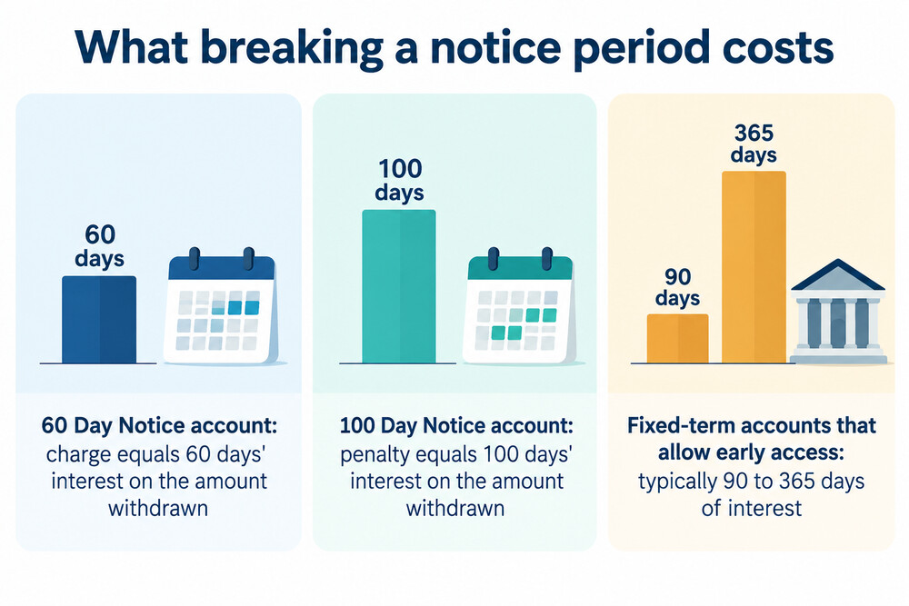 A bar chart comparing the interest penalty on a 60 day and a 100 day notice account