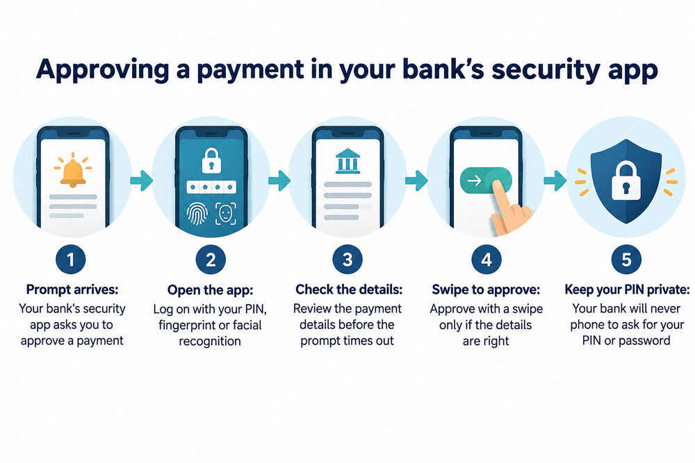A phone screen showing a payment approval request in a banking security app, with a countdown timer