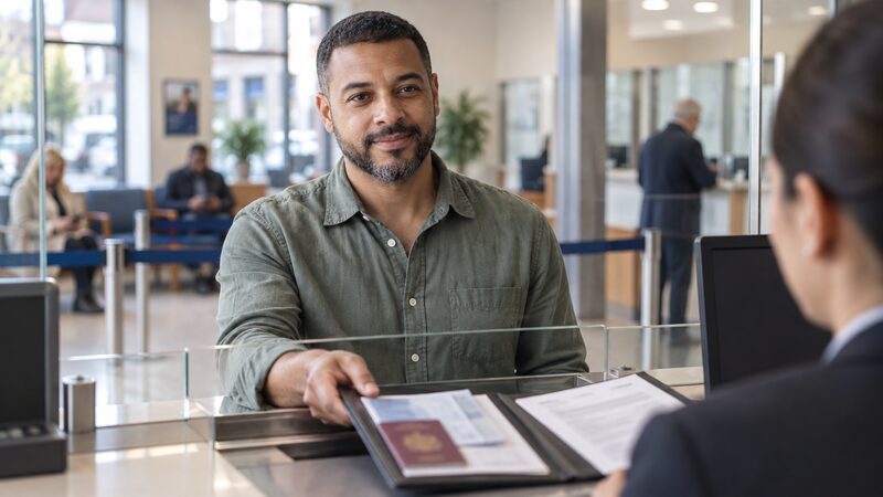 A man slides an open folder of documents across a bank branch counter.
