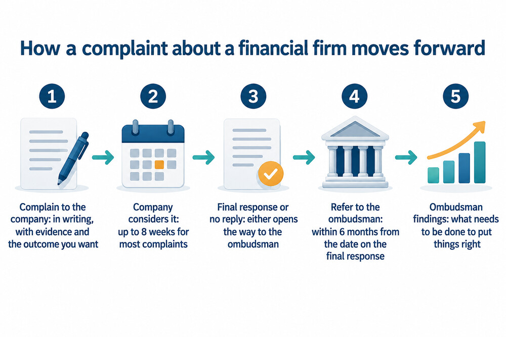 A flow diagram of the complaint route from the company to the ombudsman