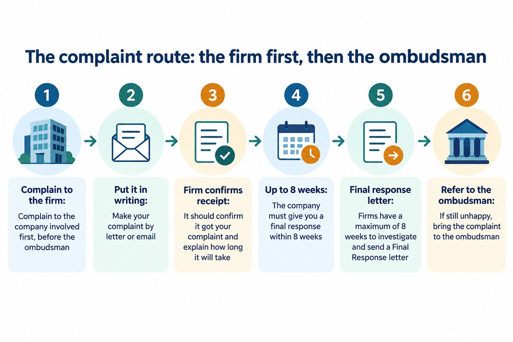 A timeline showing a complaint moving from the company to the ombudsman, with the eight week and six month deadlines marked