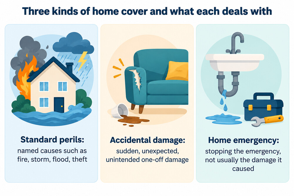 A comparison of standard perils, accidental damage and home emergency cover