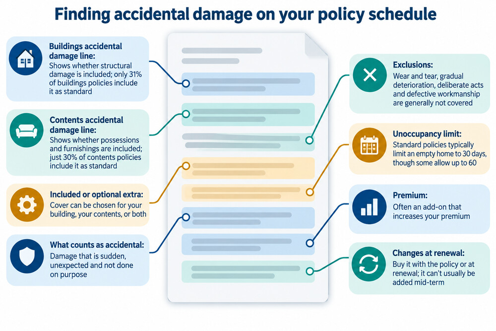 A home insurance policy schedule with the accidental damage section highlighted
