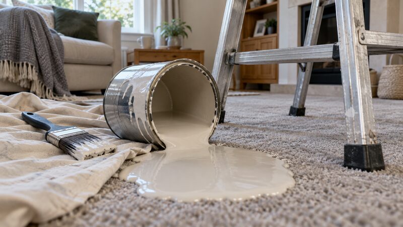 A tipped paint tin spills onto a carpet beside a stepladder in a living room.