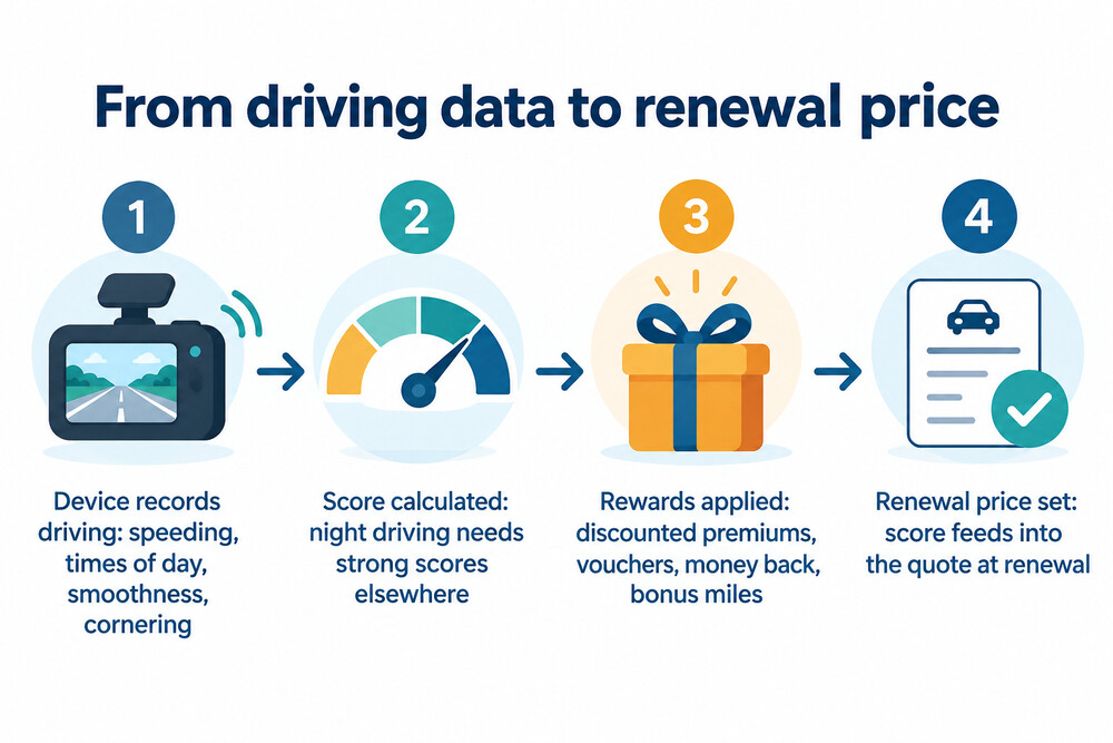 How a telematics score is built from driving data and used at renewal