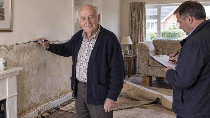 An older man marks a flood water line on a wall while a loss adjuster takes notes.