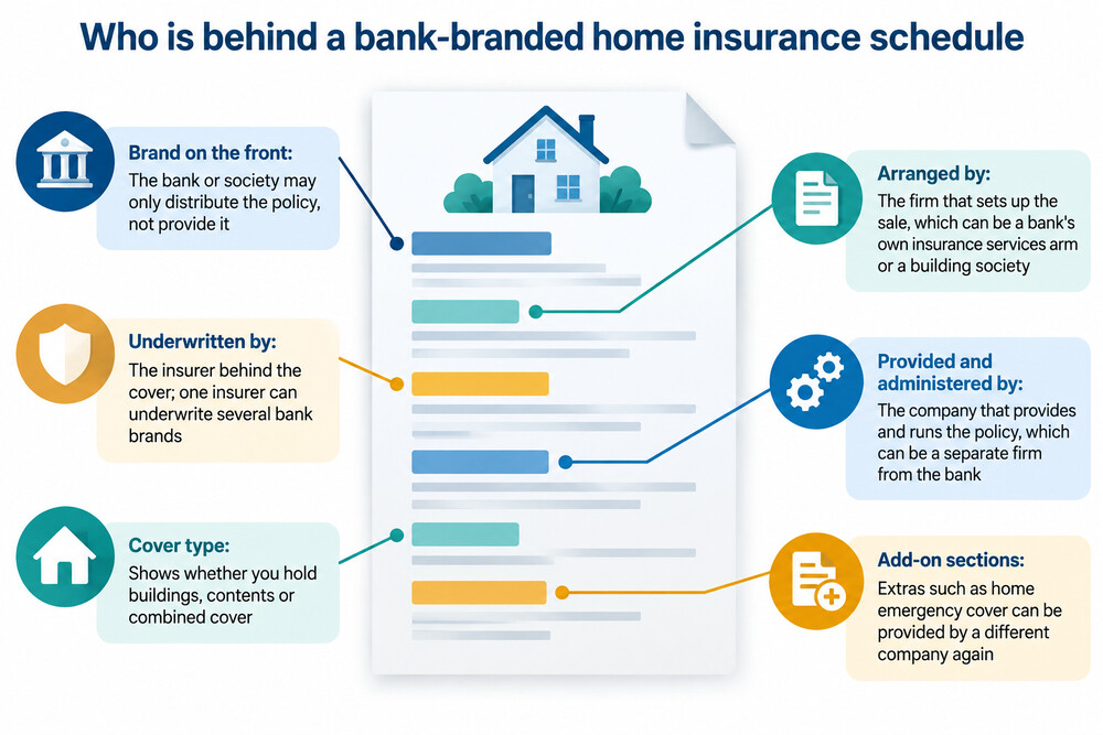 A home insurance policy schedule document showing the insurer's name, the cover types and the excess amounts