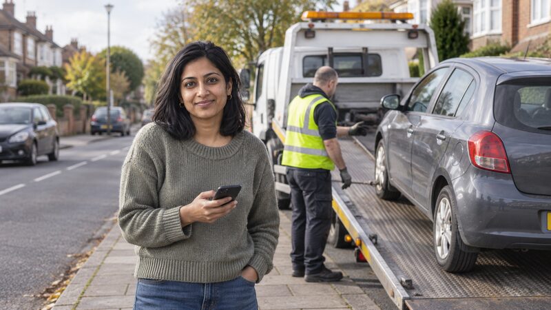 A recovery truck loading a broken-down car on the roadside