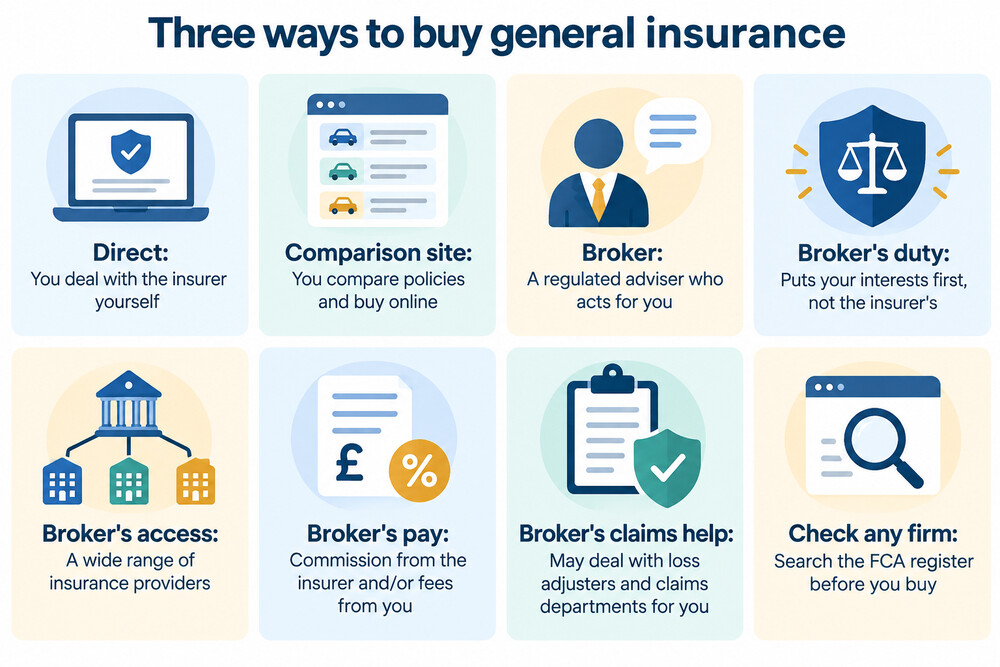 A simple side-by-side of the three routes to buying cover: direct, comparison site, broker