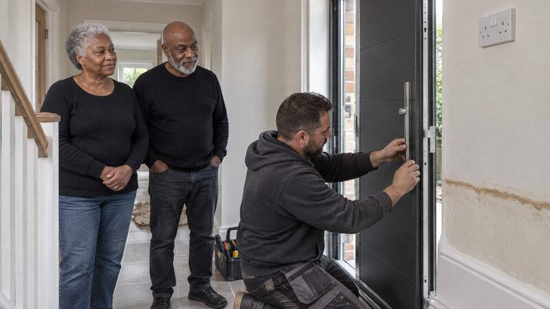A flooded living room mid-repair, with new flood-resistant door and wall finishes being installed