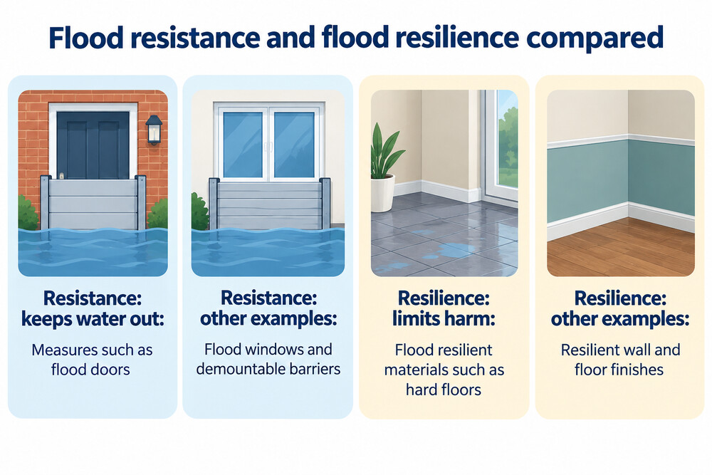 A diagram-style comparison showing resistance measures keeping water out and resilience measures making a home easy to dry out