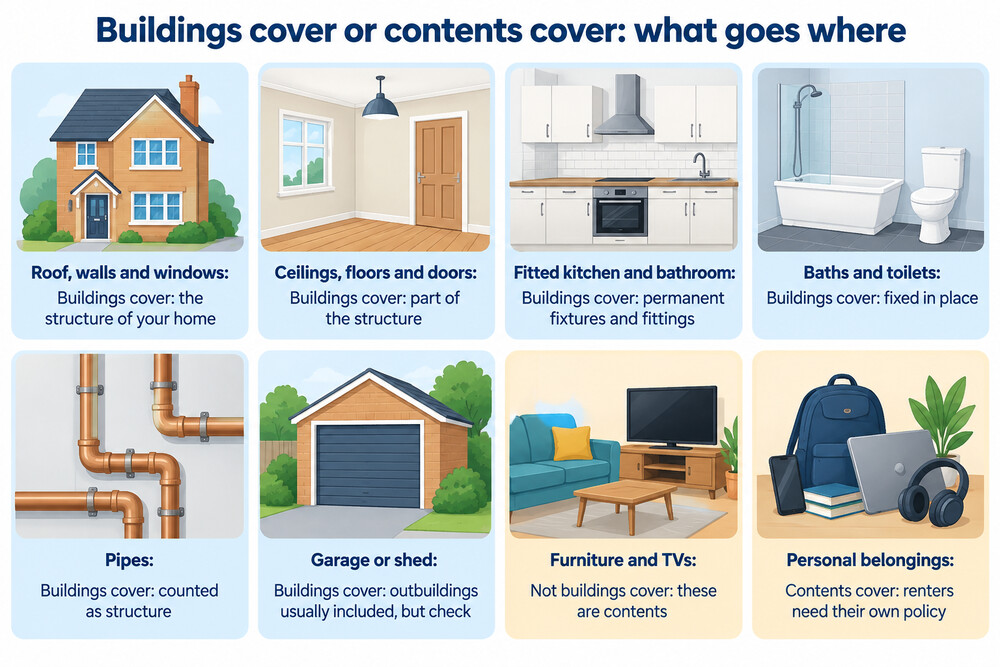 A cutaway illustration of a house showing which parts are covered by buildings insurance, such as the roof, walls and fitted fixtures, and which are covered by contents insurance, such as furniture and belongings