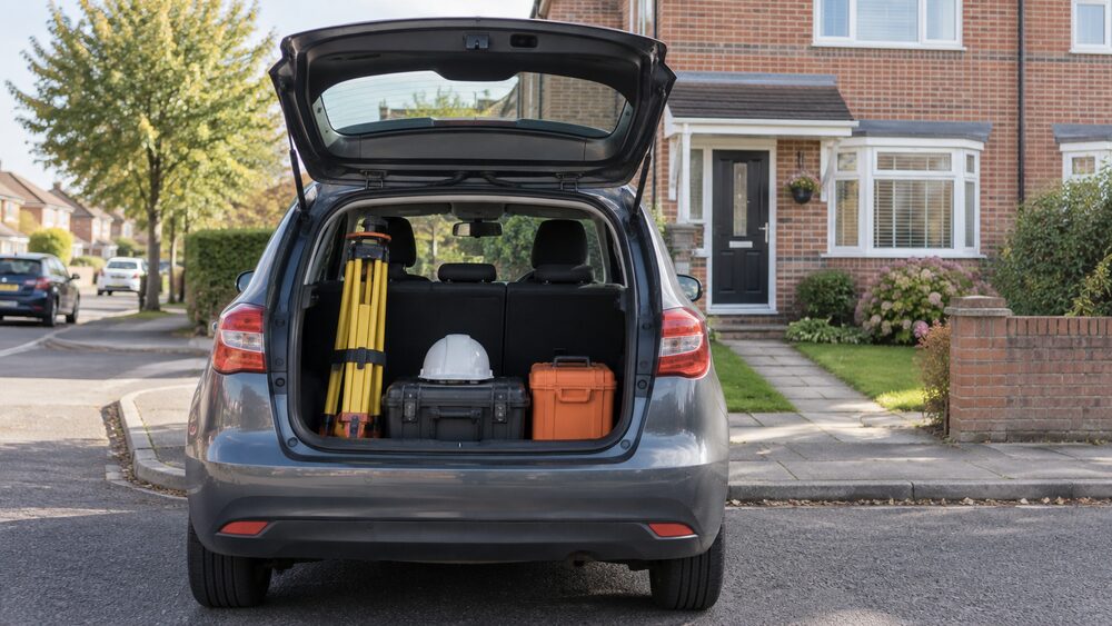 Open boot of a small car parked on a residential street showing a tripod, hard hat and tool cases.