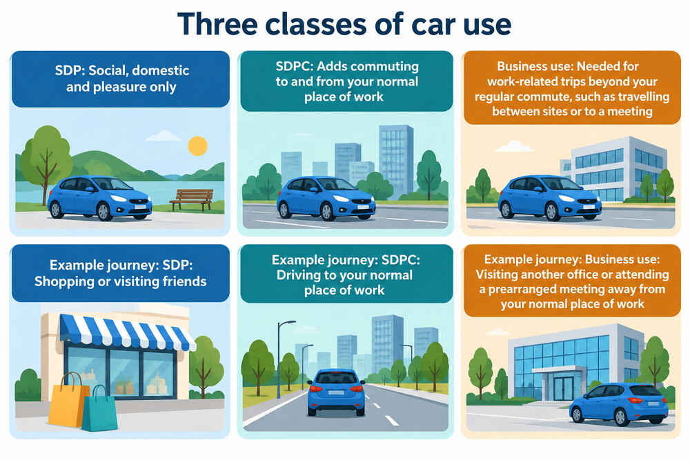 A simple diagram showing three classes of car use, SDP, SDPC and business use, with example journeys under each