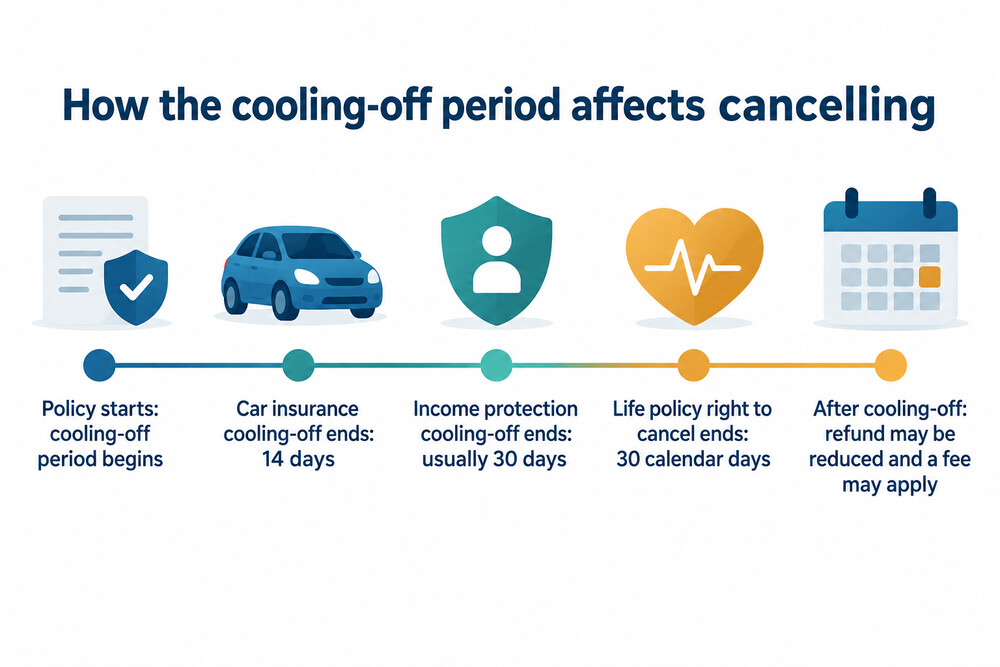 Timeline showing a policy start date, the end of the 14-day and 30-day cooling-off periods, and the point after which cancellation fees apply