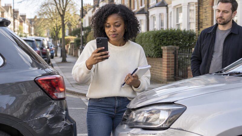 A driver exchanging details with another motorist at the roadside after a minor collision