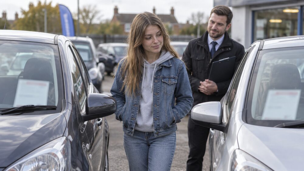 A young woman stands between two small cars on a used-car forecourt, comparing them.