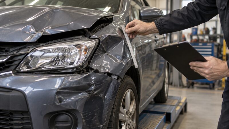 An engineer's hands measure damage to the crumpled front of a car in a body shop.