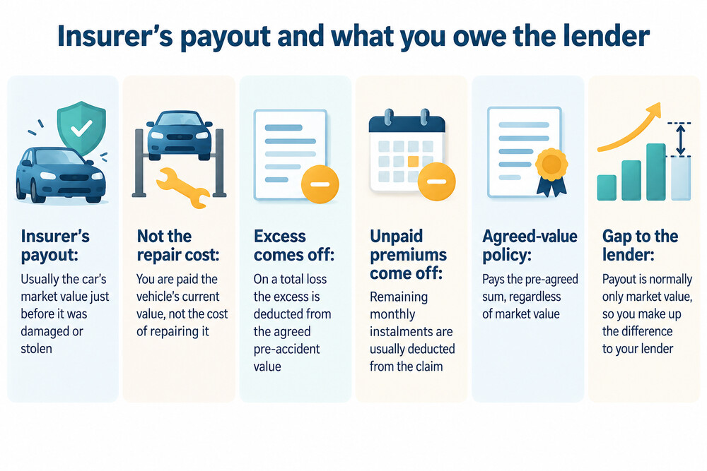 Letters from a car finance lender and an insurer showing the settlement figure and the insurance payout