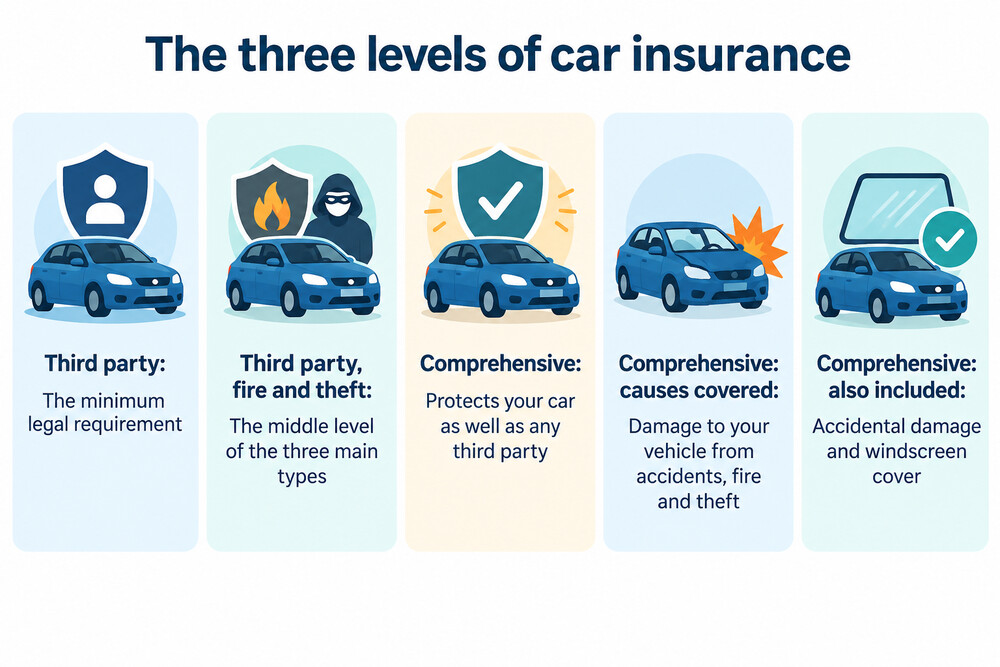 A parked car beside a comparison of the three levels of car insurance cover