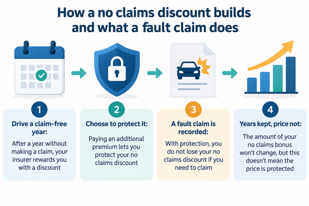 A timeline showing years of claim-free driving building a no claims discount