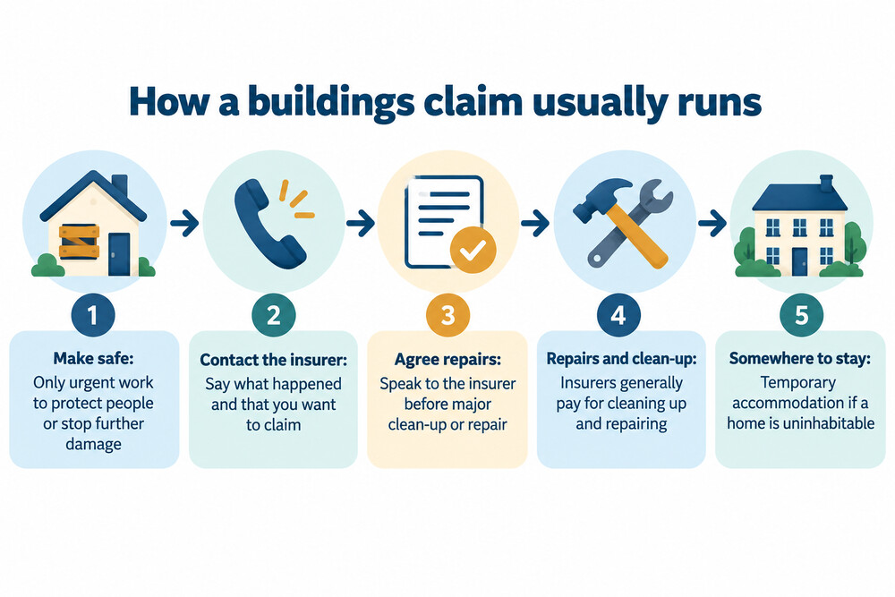 A flow showing the steps of a home or building insurance claim