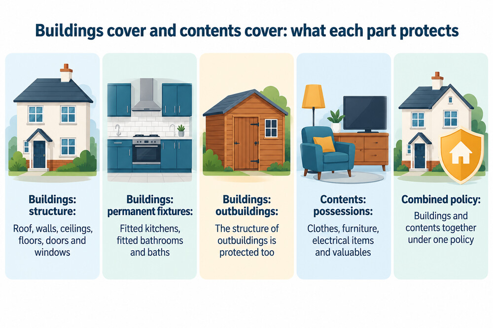A simple side-by-side illustration showing a house split into two halves, one shaded to show the building structure and fixtures, the other showing movable contents such as furniture and electronics