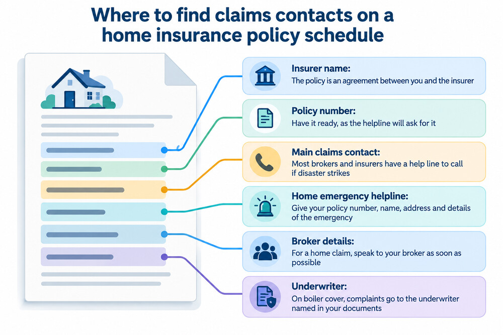 A policy schedule document with the claims contact details highlighted