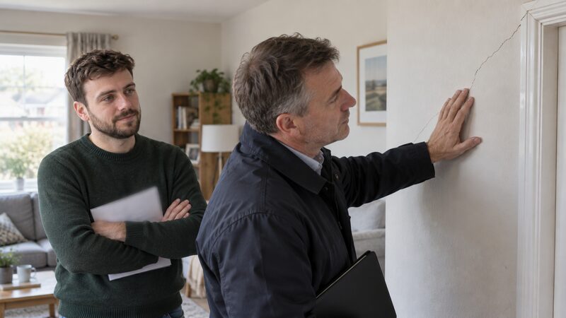 A surveyor inspecting a cracked wall at a property during a subsidence claim