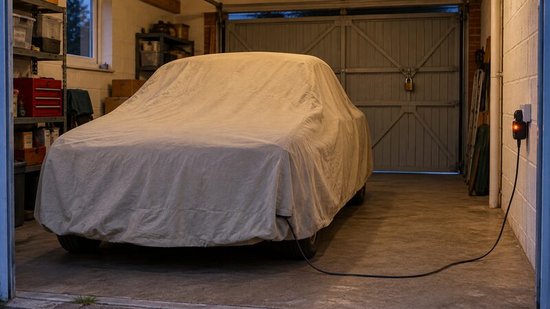 A classic car under a cotton cover in a garage with a battery conditioner cable attached.