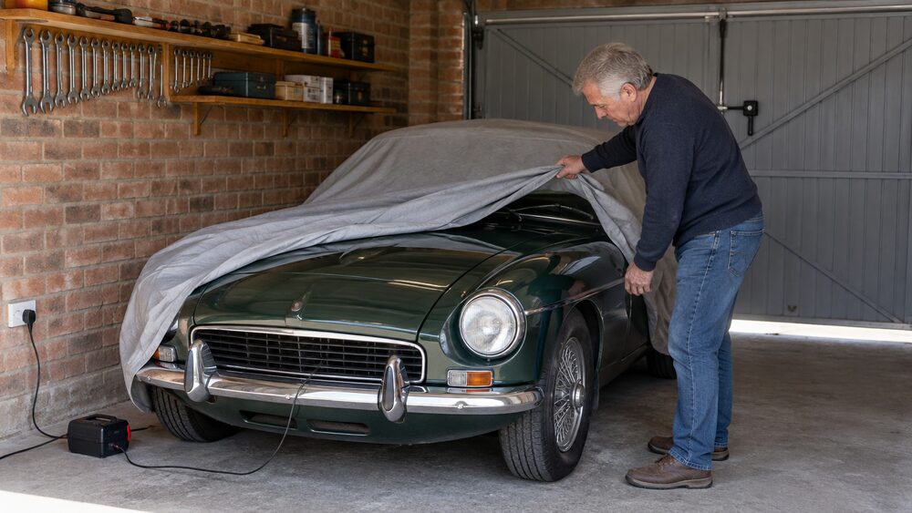 A classic sports car under a half-pulled cover in a garage with a trickle charger and spanners.
