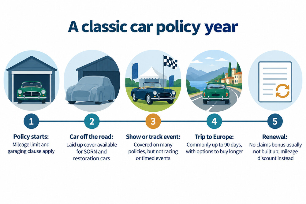 A timeline showing a classic policy year, with the mileage limit, the garaging condition and the European cover window marked