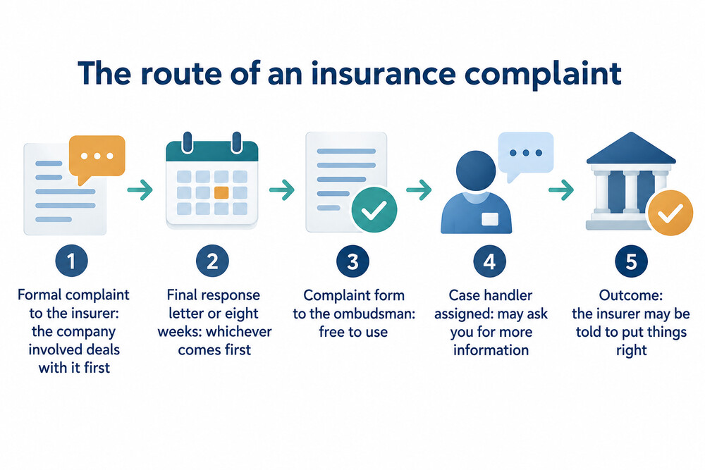 A flow chart showing a complaint going from the insurer to the ombudsman after eight weeks or a final response