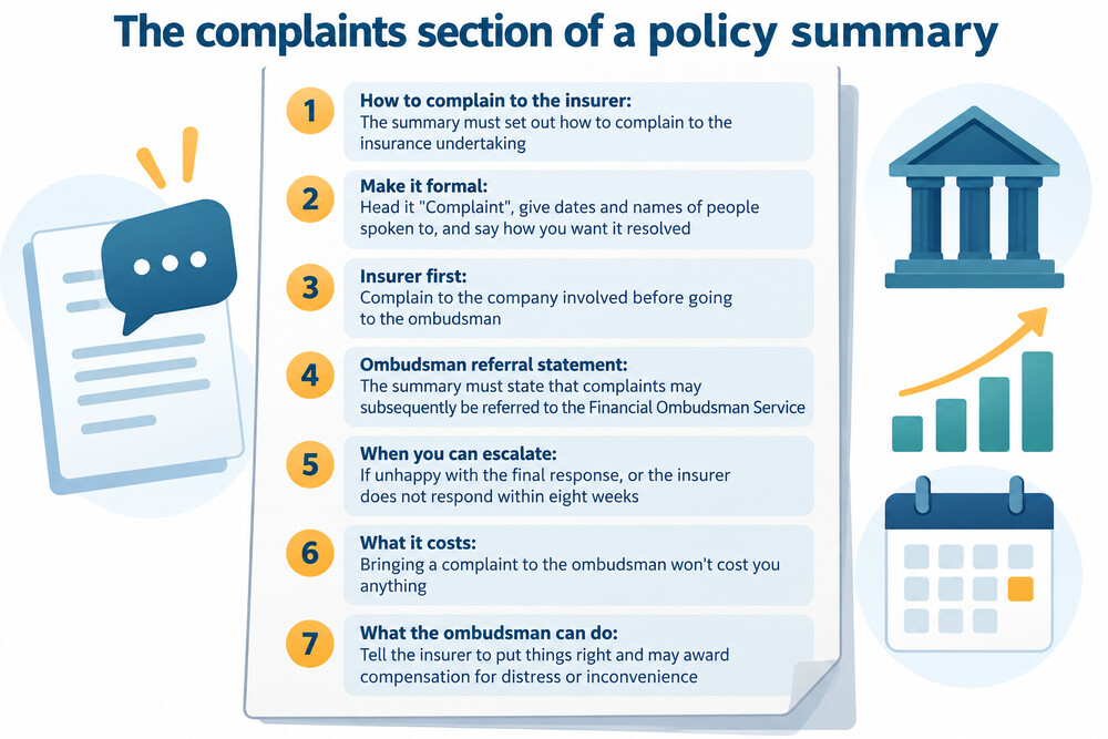 An example of the complaints section of an insurance policy summary, showing the insurer's contact details and the right to refer complaints to the Financial Ombudsman Service