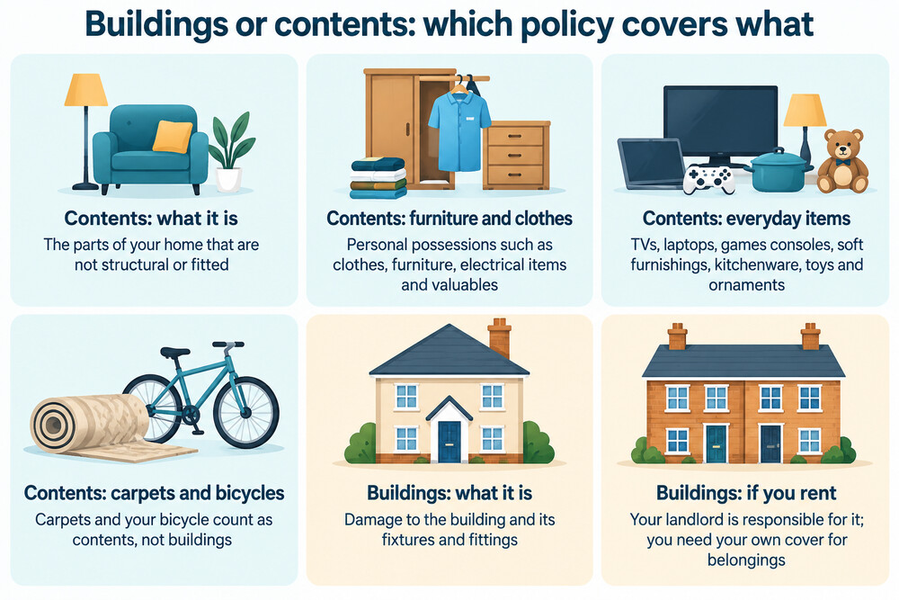 A living room with the items covered by contents insurance highlighted, contrasted with the parts of the property covered by buildings insurance