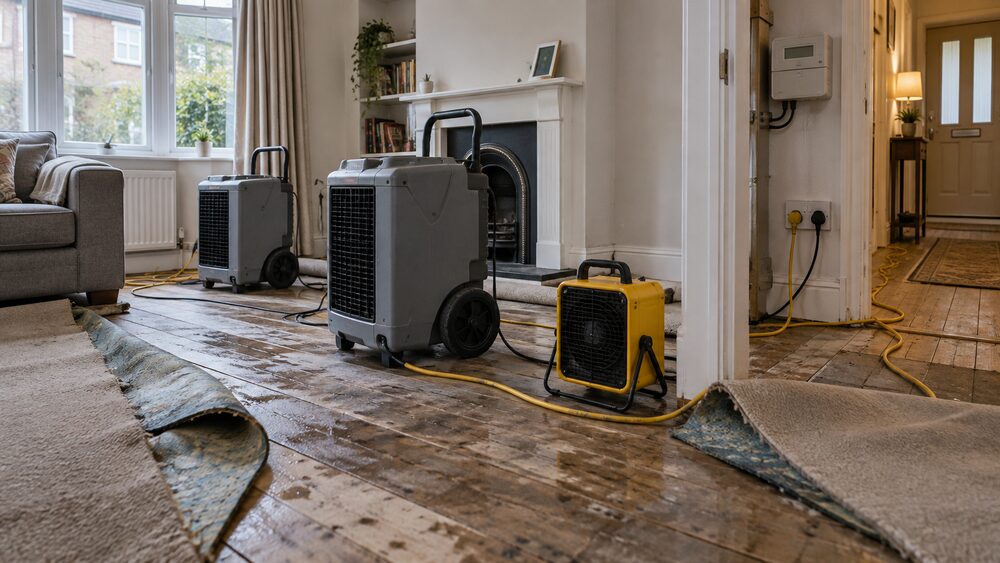 Dehumidifiers and a heater run on bare floorboards in a flooded living room with lifted carpet.