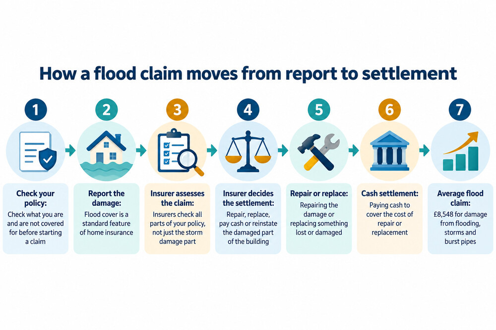 A diagram showing how a flood claim moves from report to settlement