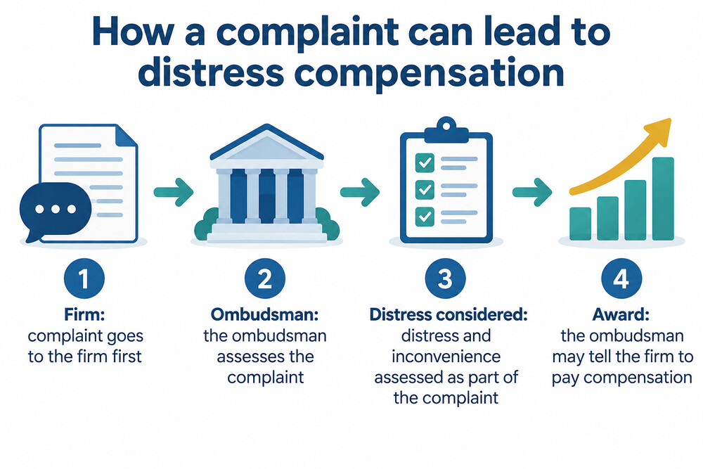 A simple flow showing a complaint going from the firm to the ombudsman and then to an award