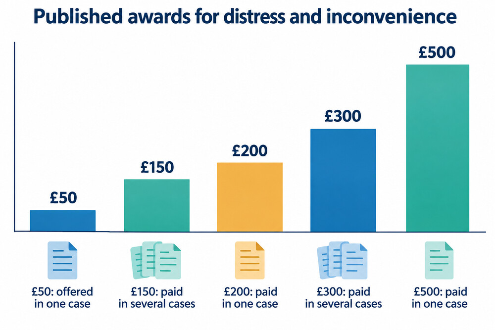 A simple bar chart showing distress award amounts from published ombudsman cases, from £50 to £500
