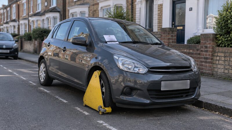 A parked car at a residential kerb has a yellow wheel clamp on its front wheel.