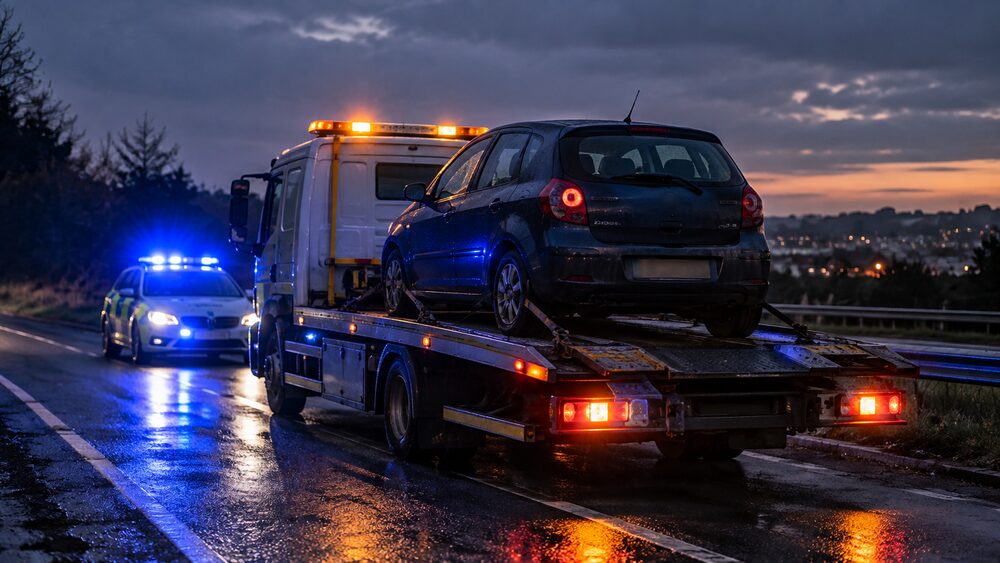 A car is secured on a recovery lorry at dusk with a police car's blue lights reflecting on wet tarmac.