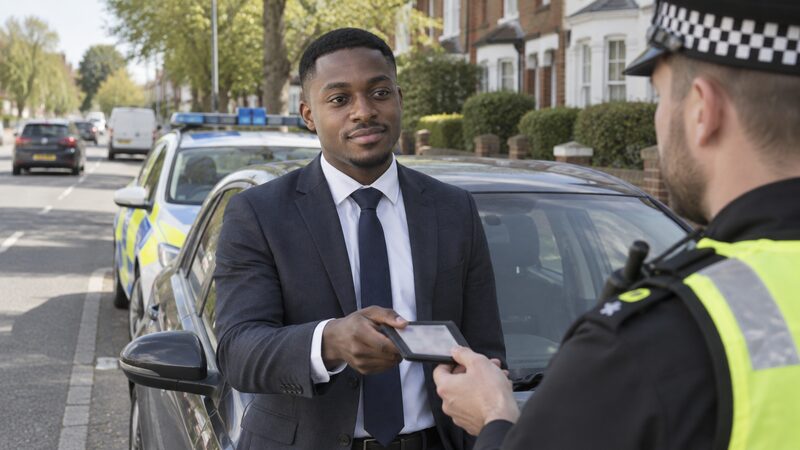 A police officer speaking to a driver at the roadside with a marked police car behind
