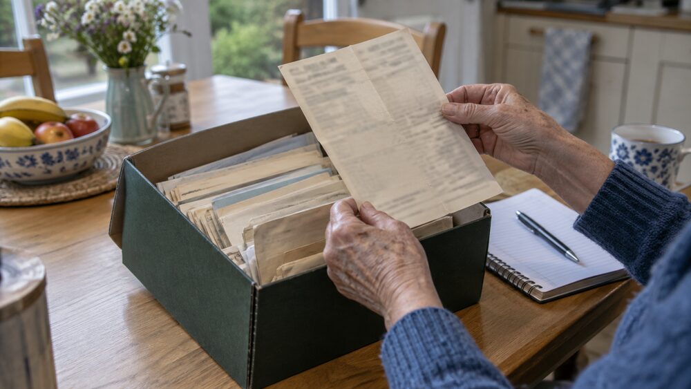 Older hands lift an old payslip from a shoebox of papers on a kitchen table.