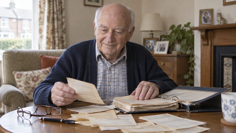 An older man in a cardigan sits at a side table sorting old papers from a worn folder at home.