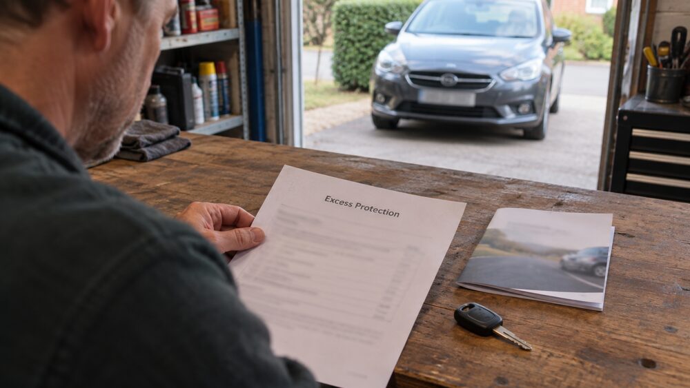A clipboard with an estimate hangs in a car repair workshop beside a resprayed door panel and a car on a ramp.