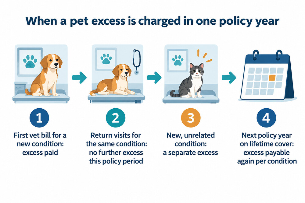 A pet policy year showing one excess for a first condition and a second excess for a new unrelated condition