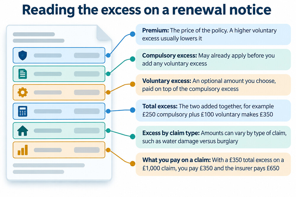 A renewal notice document with the excess amounts highlighted, showing where to find the compulsory and voluntary excess figures