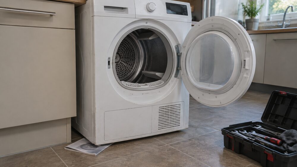 An open tumble dryer on a kitchen floor with a toolbox and a folded guarantee booklet beside it.
