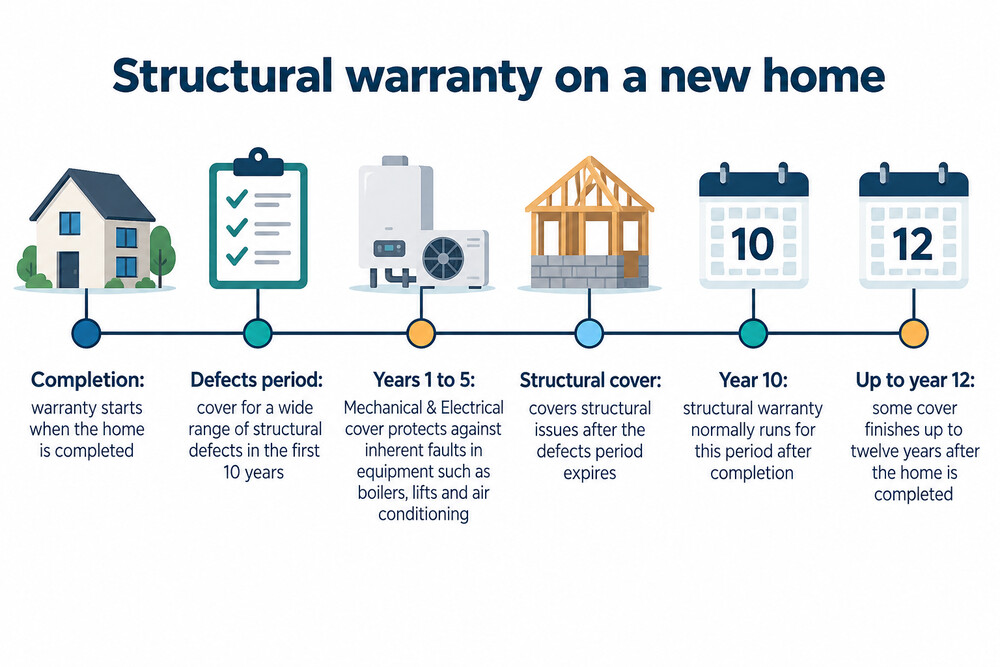 A timeline showing a new home's warranty periods, from completion through the defects period to the end of structural cover